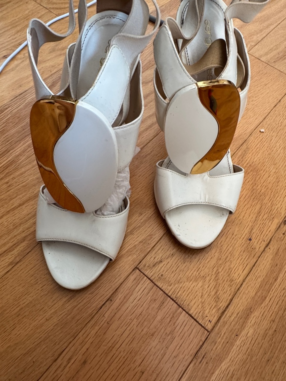 Sergio Rossi White Heels with Gold Medallion Detail